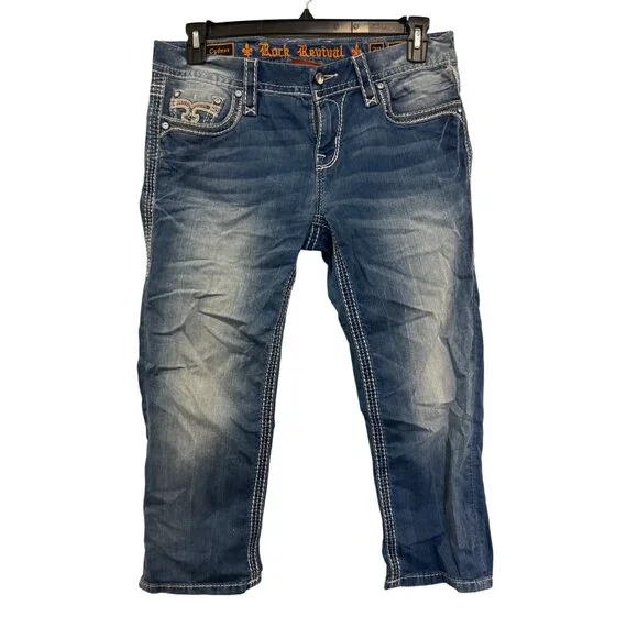 Rock Revival Capri Jeans Womens Size 30 Cyndee Mid-Rise Blue Distressed Denim - Picture 2 of 9